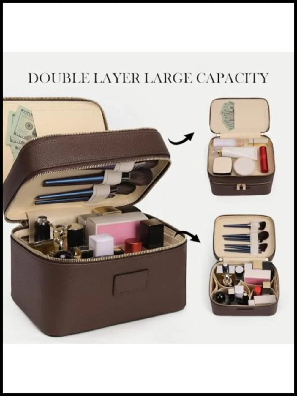 Waterproof PU Leather Makeup Case Set of 2 with Removable Divider Travel